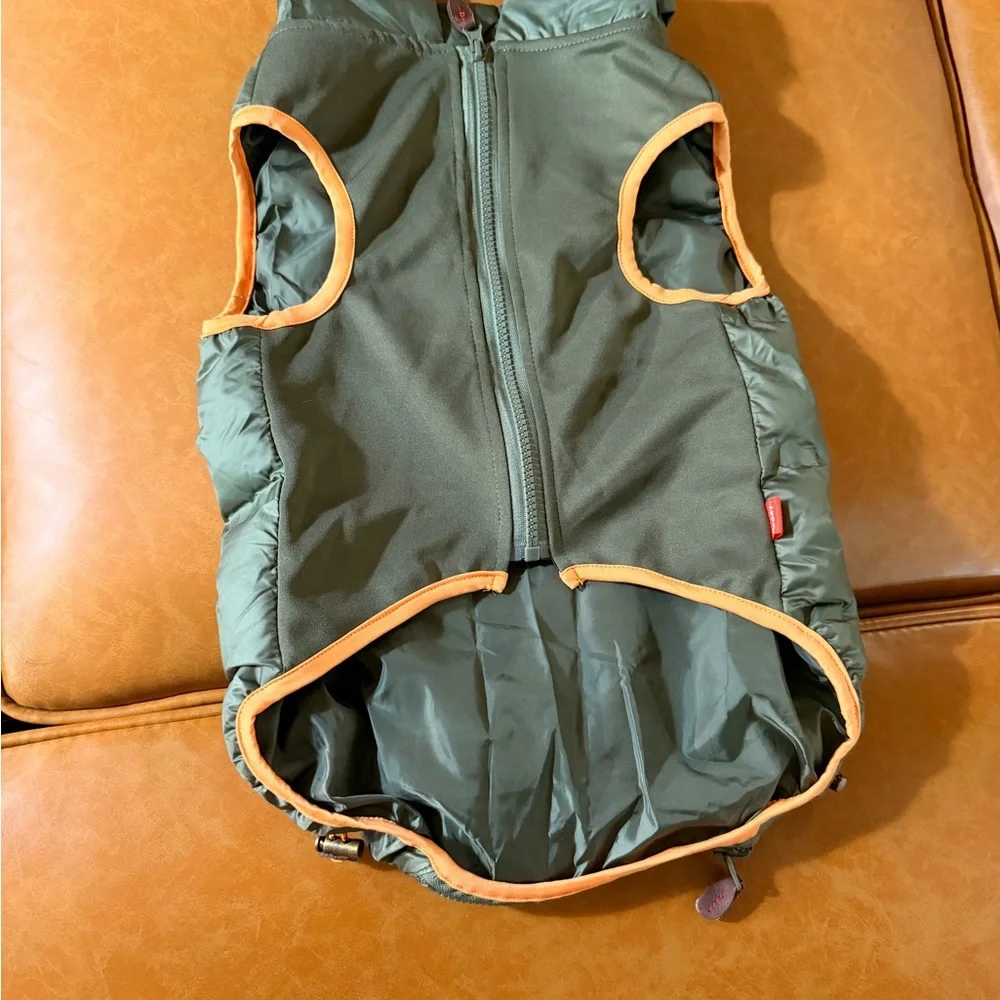 Quilted Puffer Dog Jacket in Olive Green with Orange Trim